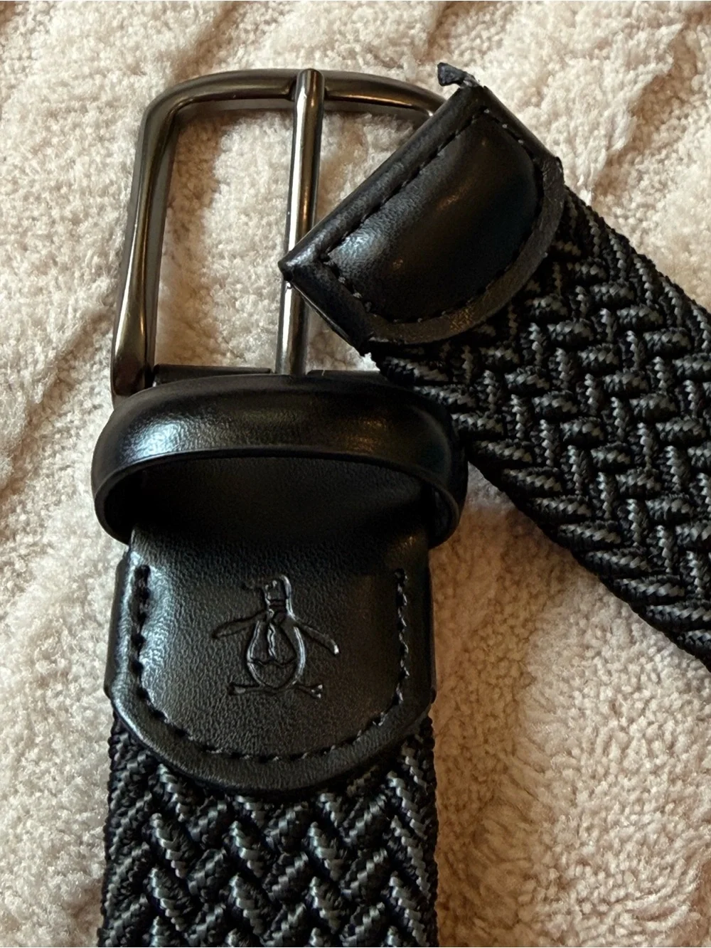 Original Penguin Black Braided Elastic Belt with Leather Trim